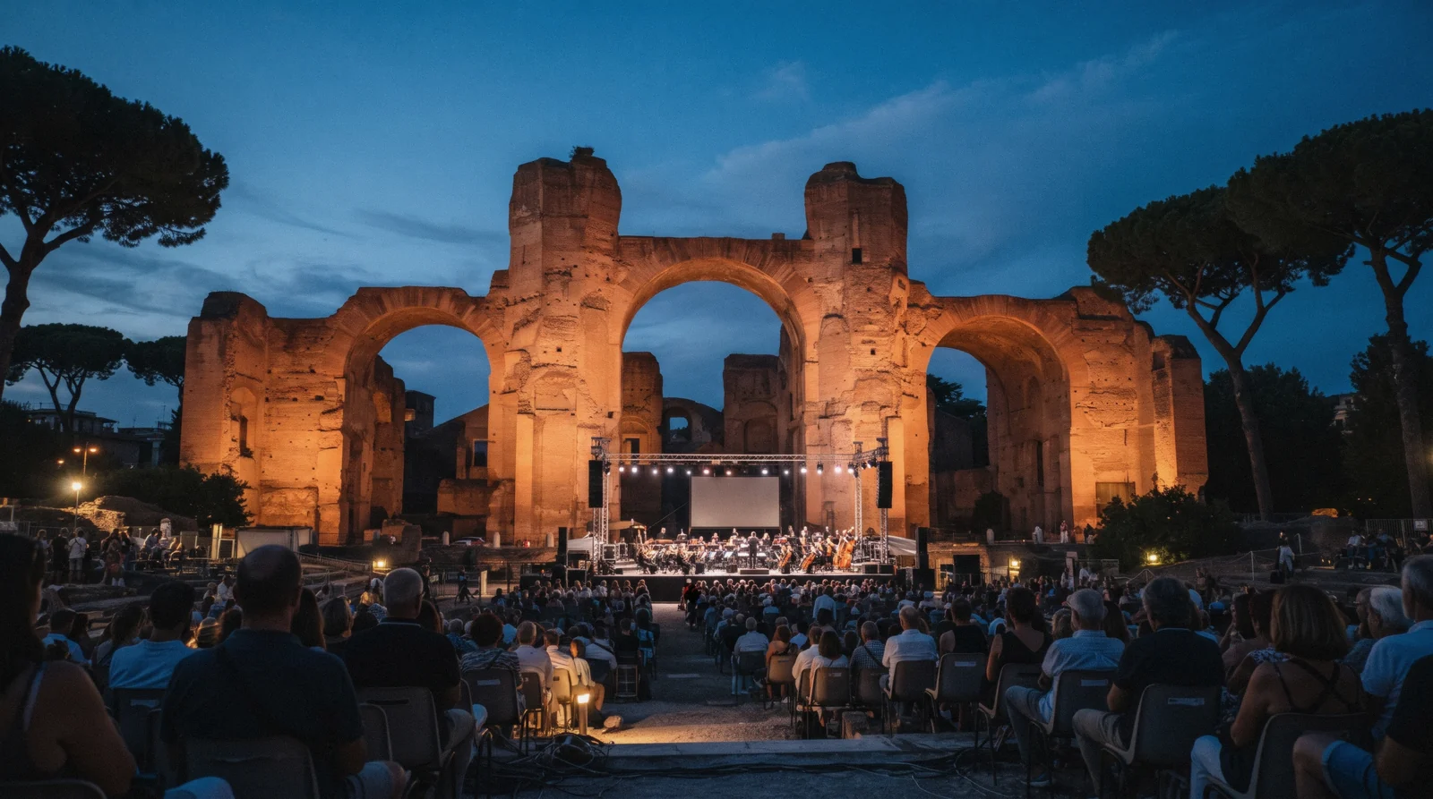 The towering brick ruins of the Baths of Caracalla in Rome at 20:30 on a clear summer evening, baths of caracalla opera