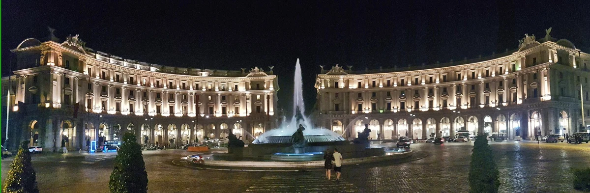 Piazza della Repubblica at night, the metro stop for the opera house, first time at the opera in rome