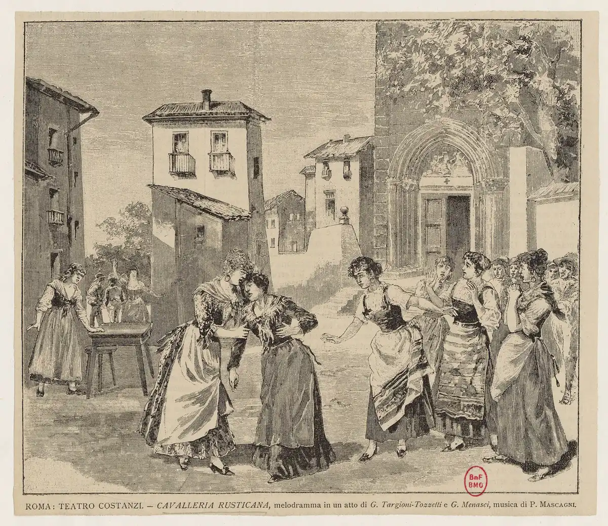 An engraving of the 1890 premiere of Cavalleria rusticana at the Teatro Costanzi, teatro dell'opera di roma